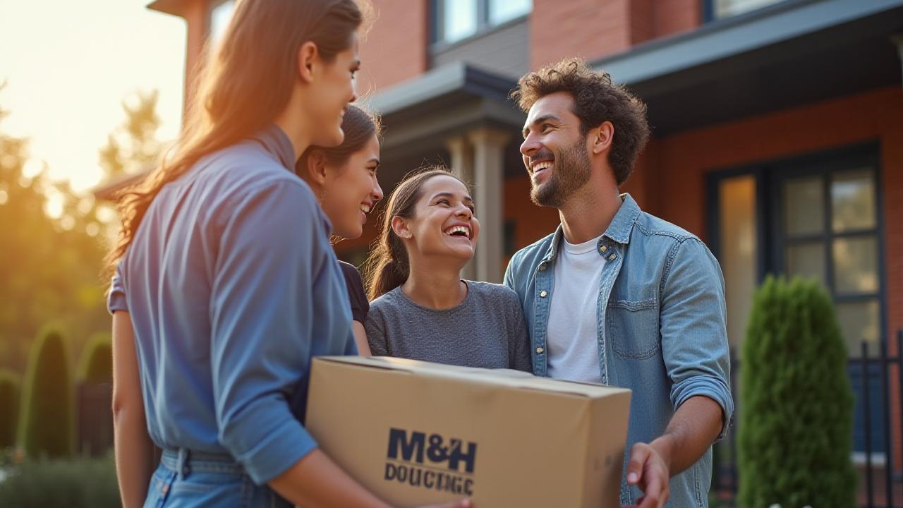 A happy family entering their new Philadelphia home with M & H Moving boxes