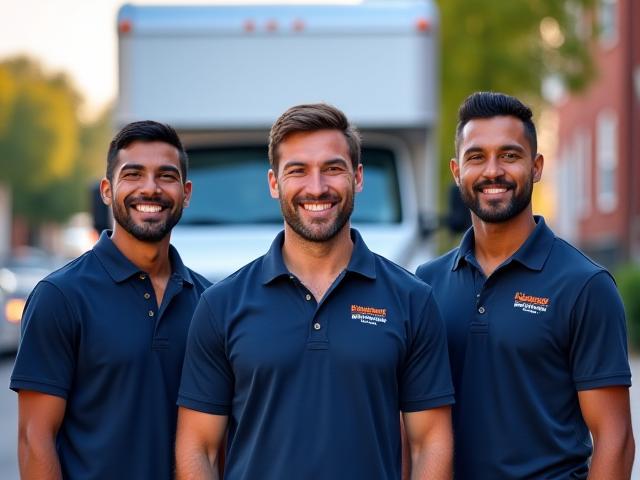 Professional M & H Moving team in uniform smiling next to a modern moving truck