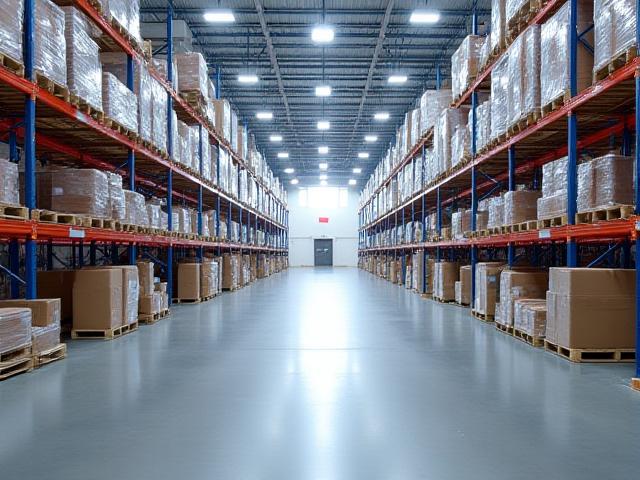 Wide shot of clean, well-lit warehouse floor